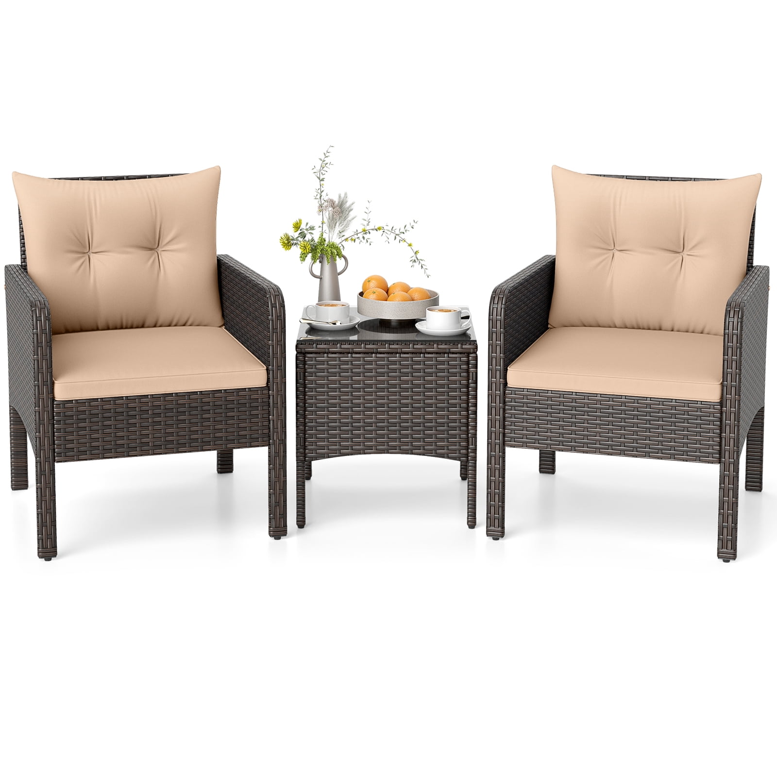 Costway 3PCS Outdoor Rattan Conversation Set Patio Garden Furniture Cushioned Sofa Chair