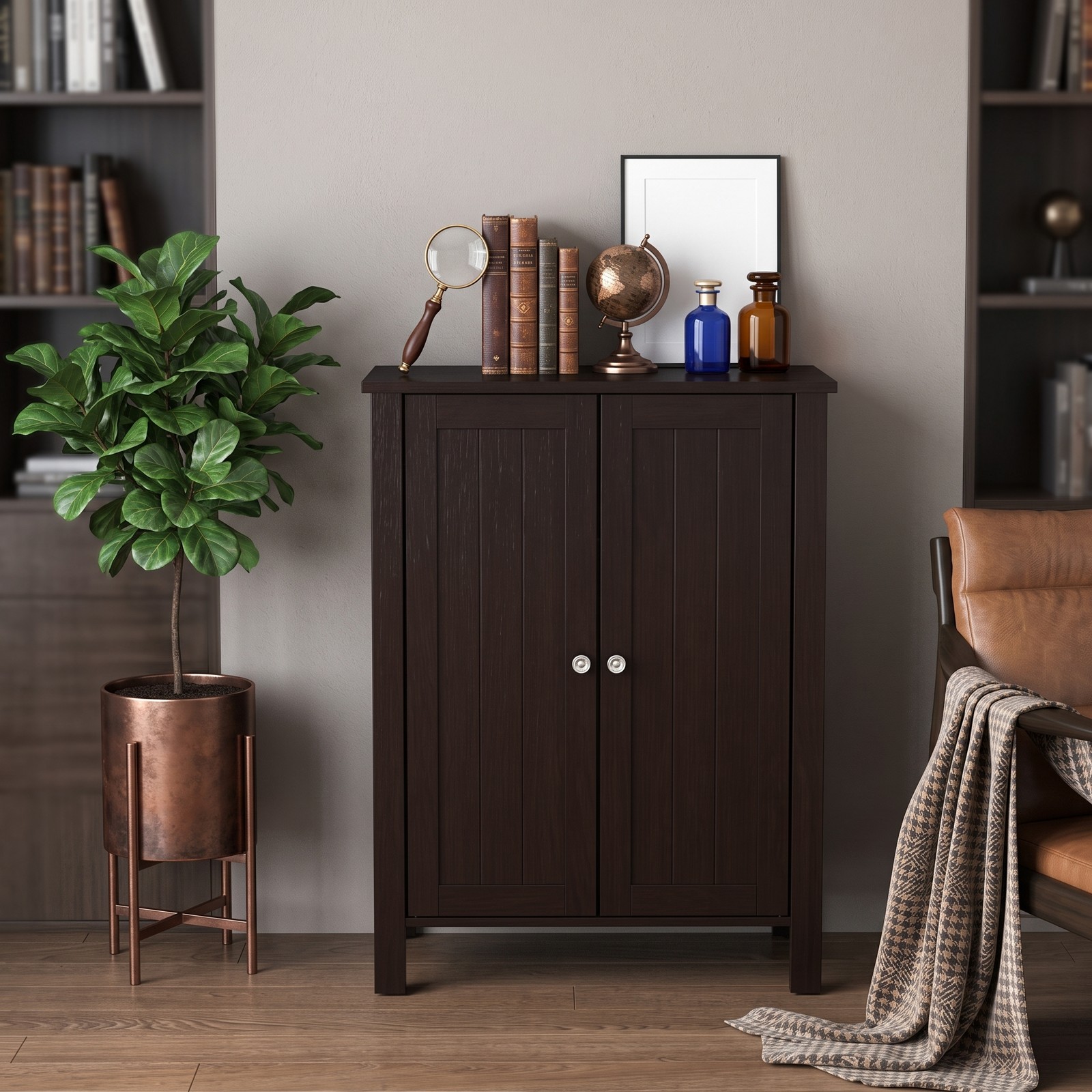 Fenbeli 2-Door Bathroom Floor Storage Cabinet, Freestanding Wooden Storage Organizer with 6-Position Adjustable Shelves, Space-Saving Side Cabinet for Bathroom, Brown