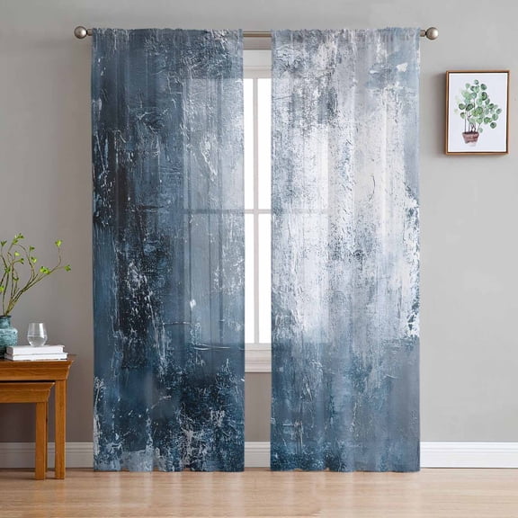 Navy Blue Ombre Sheer Curtains 84 Inch Length 2 Panels Set for Living Room/Bedroom, Modern Oil Painting Vintage Abstract Semi Curtain Sheers Drapes Rod Pocket Curtains Window Treatment 52''x84''x2