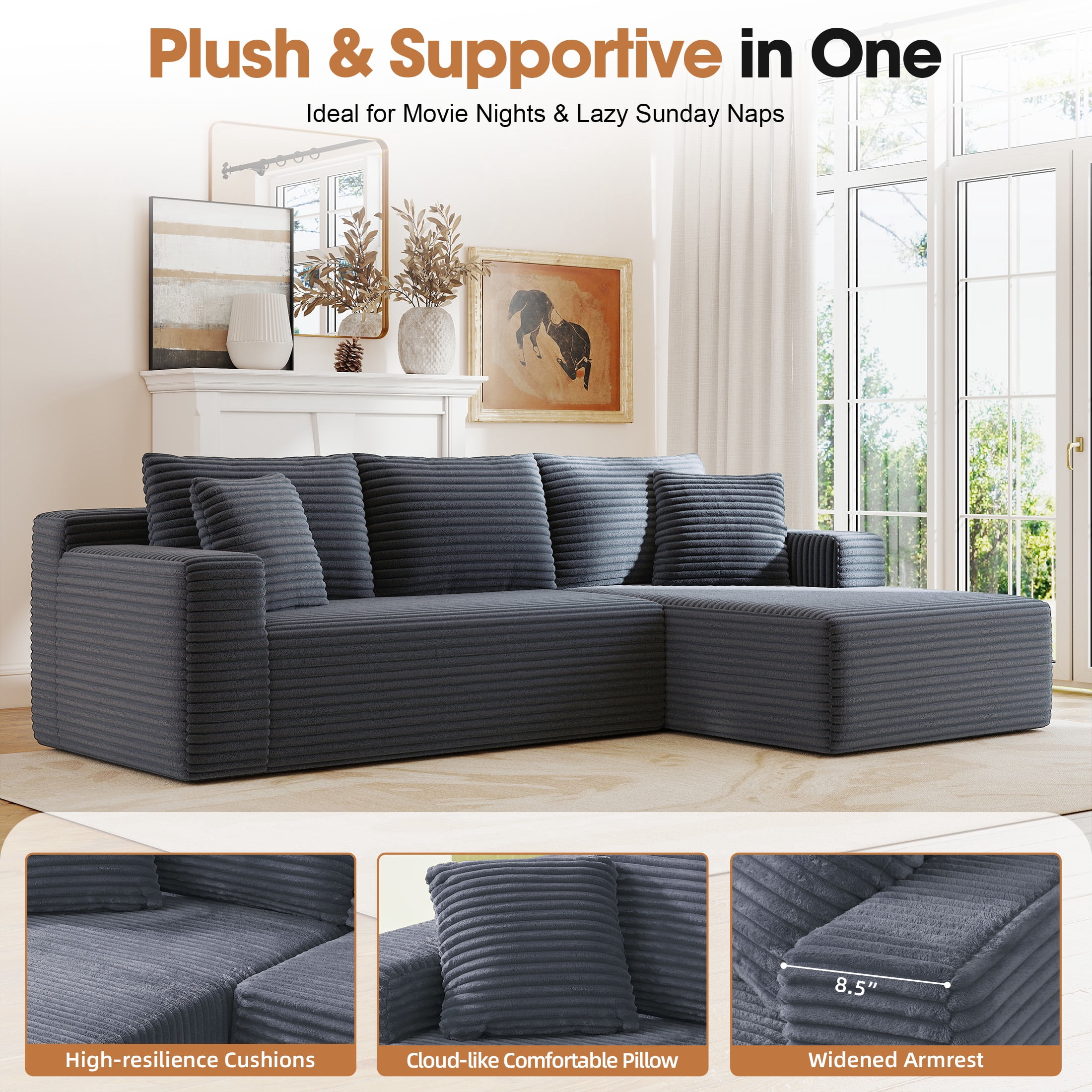 Aukfa Modular Sectional Sofa with Chaise, 95" Boneless Cloud Couch for Living Room, Gray