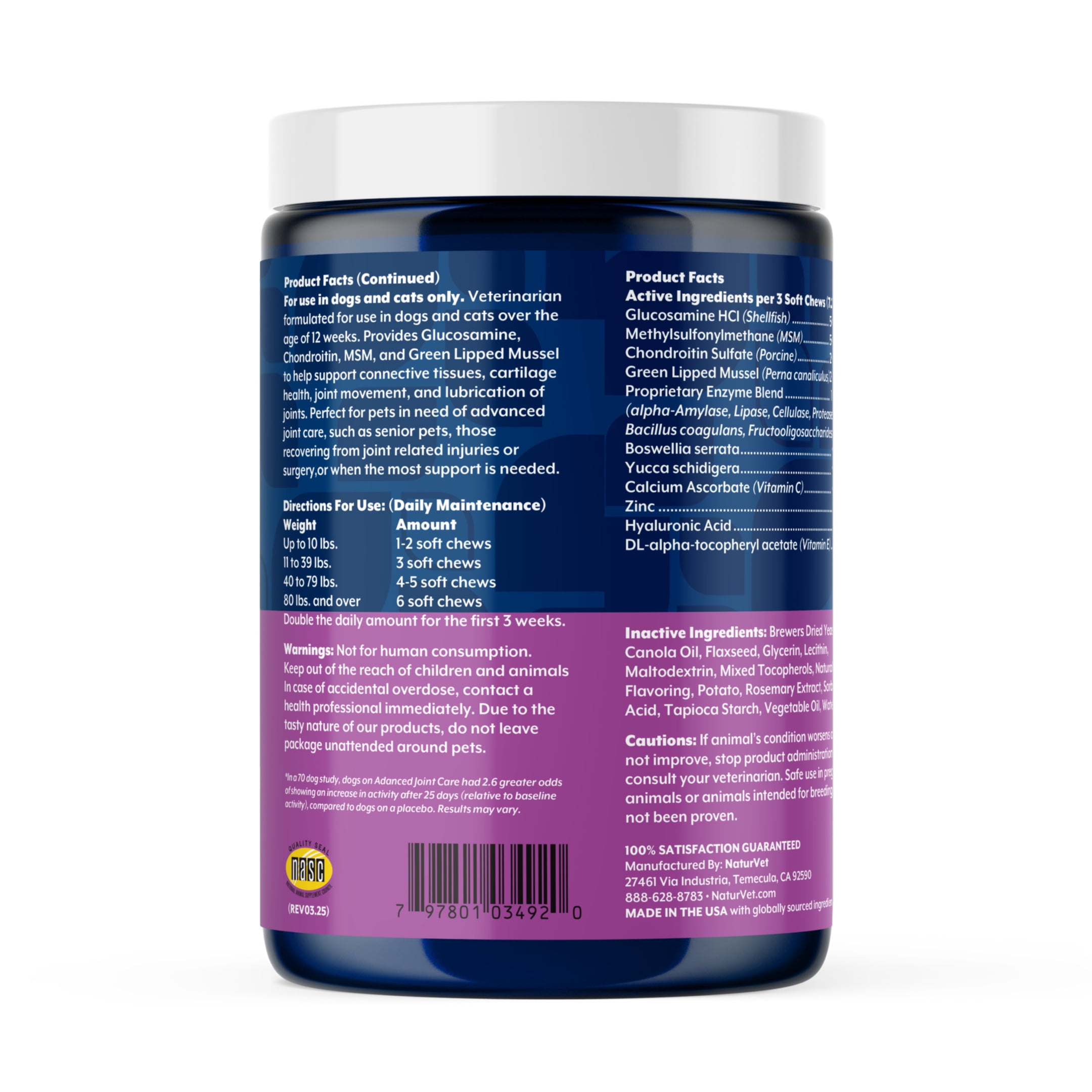 NaturVet Advanced Joint Care Hip & Joint Supplement for Dogs and Cats, Bacon and Chicken Flavor, 180 Count