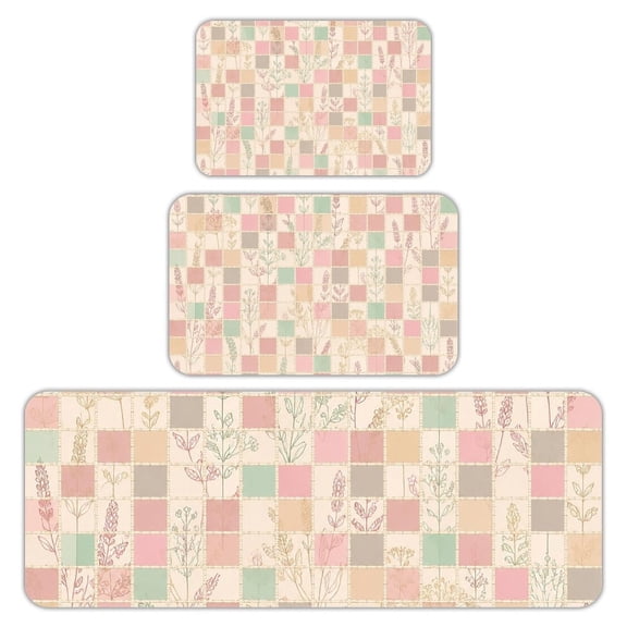 RKSupls Kitchen Rug Set 3 Piece Anti-Slip Flannel Floor Mats, Patchwork Floral Grid Washable Absorbent Runner Mats for Kitchen Bathroom Home Decor