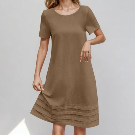 MIANHT Women Dress Cotton and Linen Solid Color Drop Shoulder Mid-Length Dress Comfy Slim Fit Short Sleeve Wrap Holiday Party Dresses Summer Savings Clearance