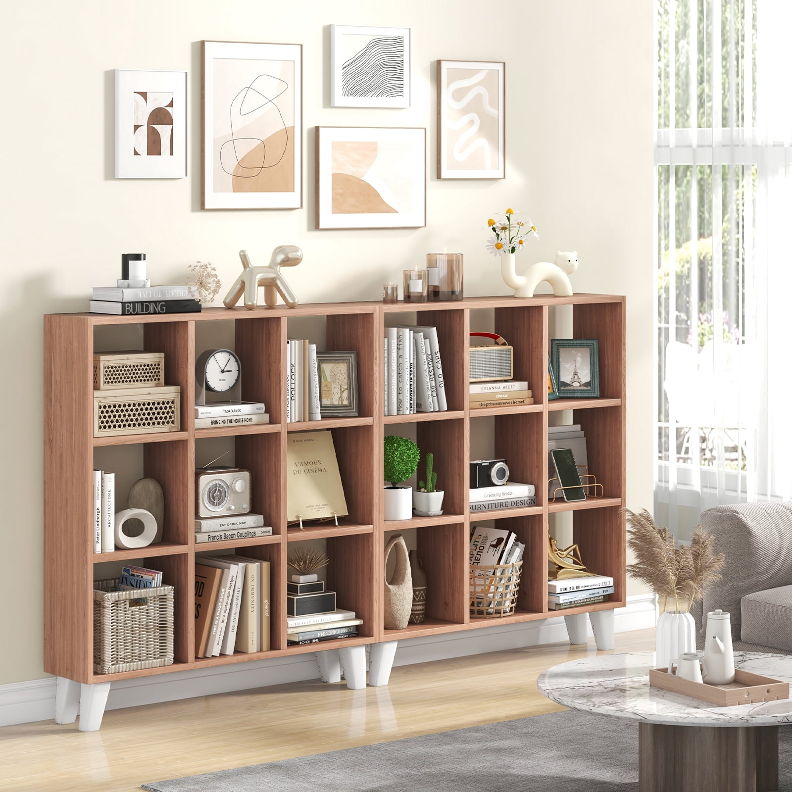 Topbuy 9-Cube Open Bookcase 3-Tier Floor Standing Bookshelf with 4 Slanted Legs 6 Removable Shelves Brown