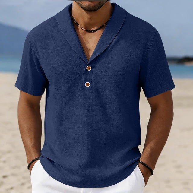 Ceisia Men's Solid Color Cotton Linen Casual Shirt Loose Shawl Collar Short Sleeve Top for Summer Navy XXL Gifts