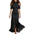 thumbnail image 2 of Ayolanni Solid Summer Dresses for Women 2026 Elegant Short Sleeve Crew Neck Maxi Cocktail Dress Wedding Guest French Tulle Bodycon Party Sundress with Flared Hem Black L, 2 of 8