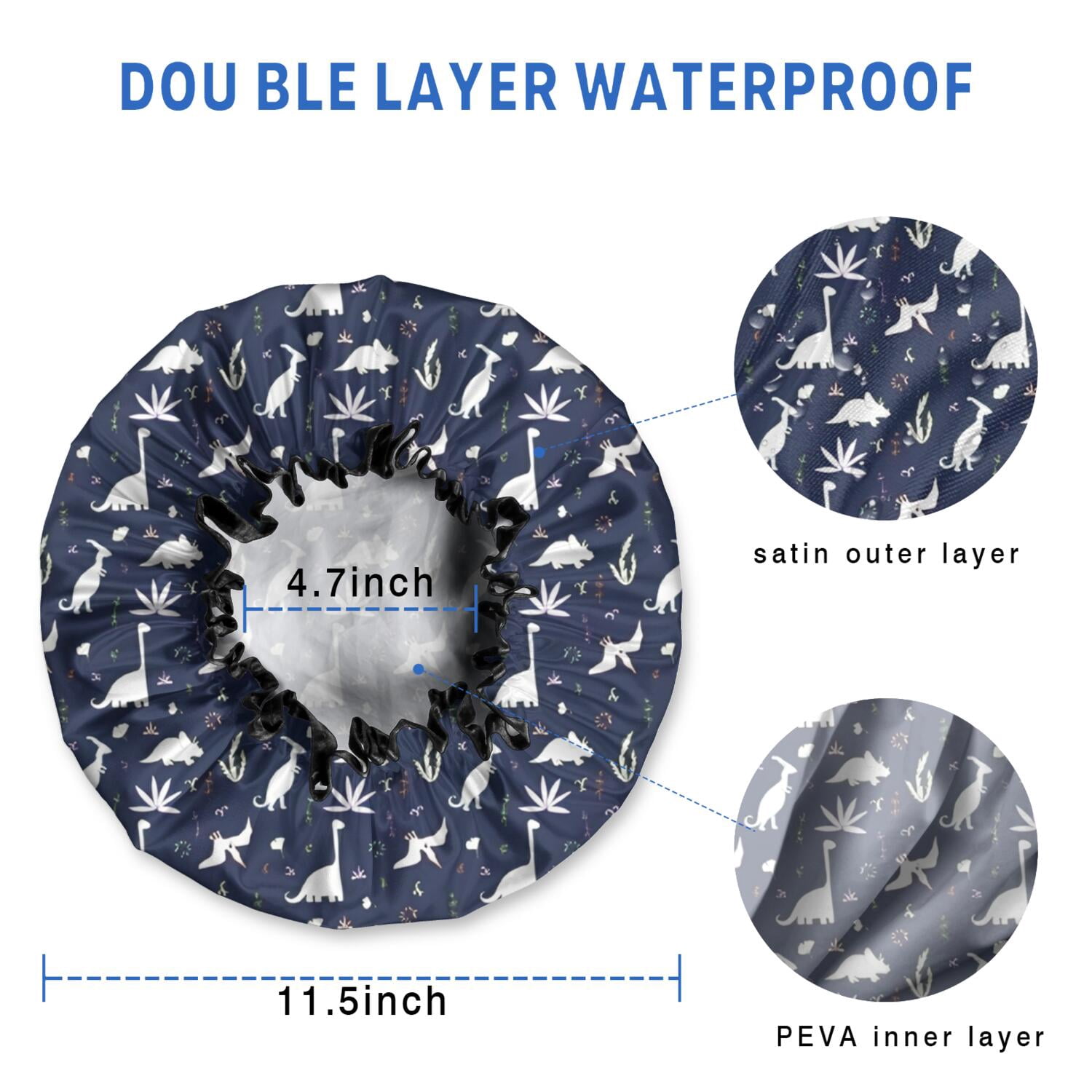 Shower Caps,DarkBlue White Dinosaurs Plants Pattern Waterproof Shower Cap for Women 4 Pieces,Double Reusable Hair Cover for Shower PEVA Elastic Stretch Hem