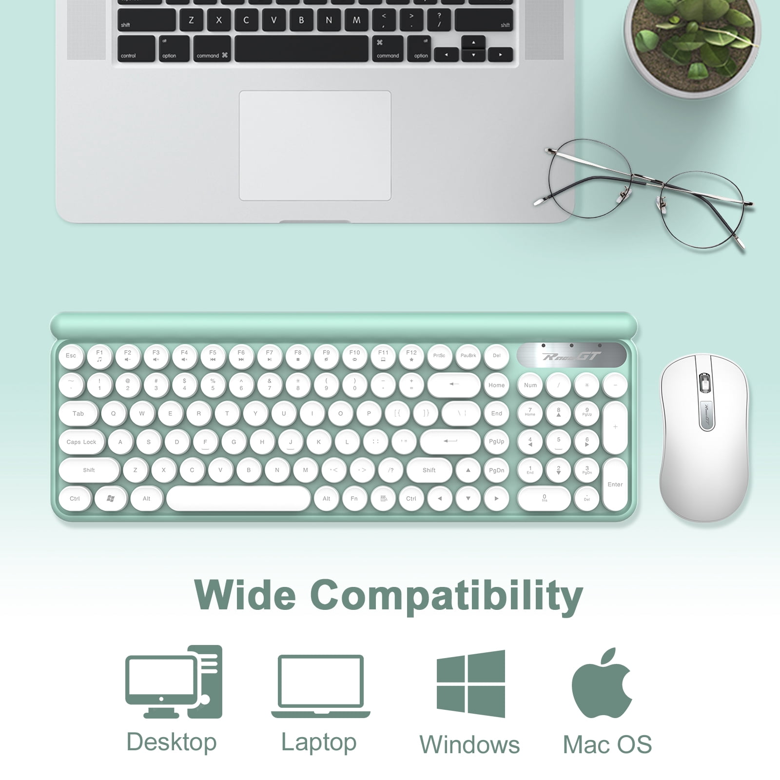 Wireless Keyboard and Mouse Combo, RaceGT 2.4G USB Typewriter Keyboard, Silent Mouse, Quiet Cordless Cute Retro Round Keycaps Keyboard Mouse Set, for Mac Windows PC Laptop, LT400-Green