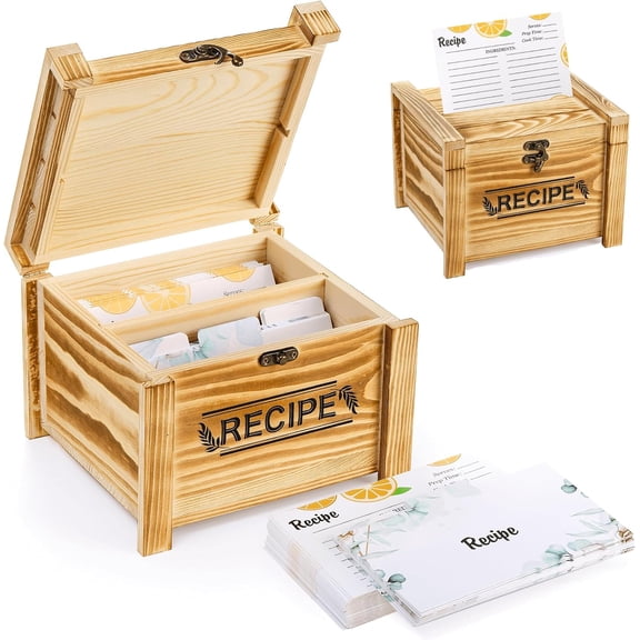 Wood Recipe Box with Cards and Dividers, Large Rustic Recipe Card Box with 100 Lemon Cards, 24 Dividers & 3 Display Slots, Wedding, Bridal Shower & Housewarming Gift