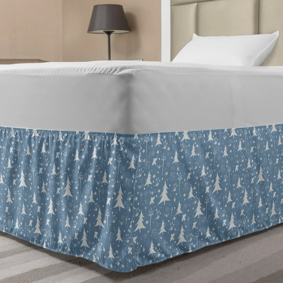 Winter Bed Skirt, Christmas-Themed Silhouettes of Spruce Trees Fir Berries Birds and Rowan, Elastic Bedskirt Dust Ruffle Wrap Around for Bedding Decor, 4 Sizes, Blue Grey and White, by Ambesonne