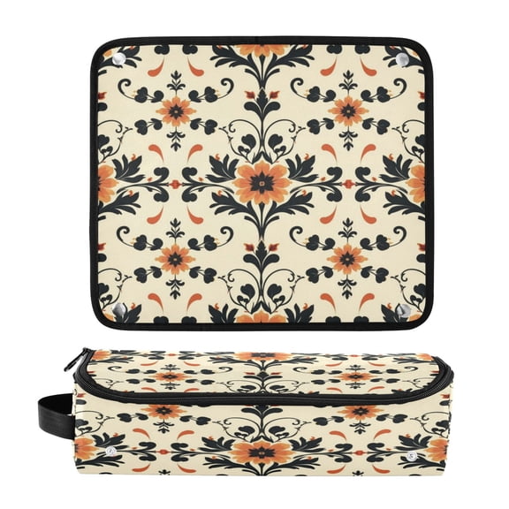 Hair Tool Organizer Bag with Heat Resistant Mat Removable Travel Storage Case for Hot Air Brushes Curling Irons Floral and Curled Vine Motifs