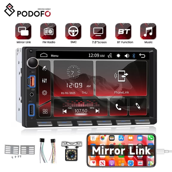 Podofo [Upgrade] 7 in Double Din Car Stereo Radio Touch Screen  with Mirror Link SWC USB/EQ /Aux-in Ports Backup Camera