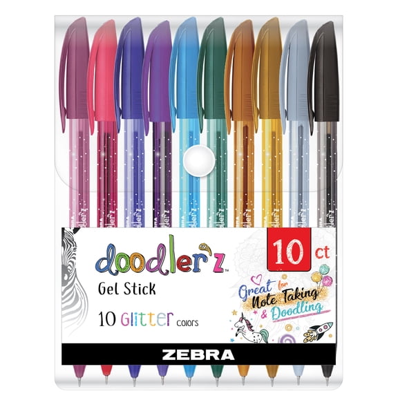 Zebra Doodler'z Gel Stick Pen, Bold Point, 1.0mm, Assorted Glitter Colors, 10-Count