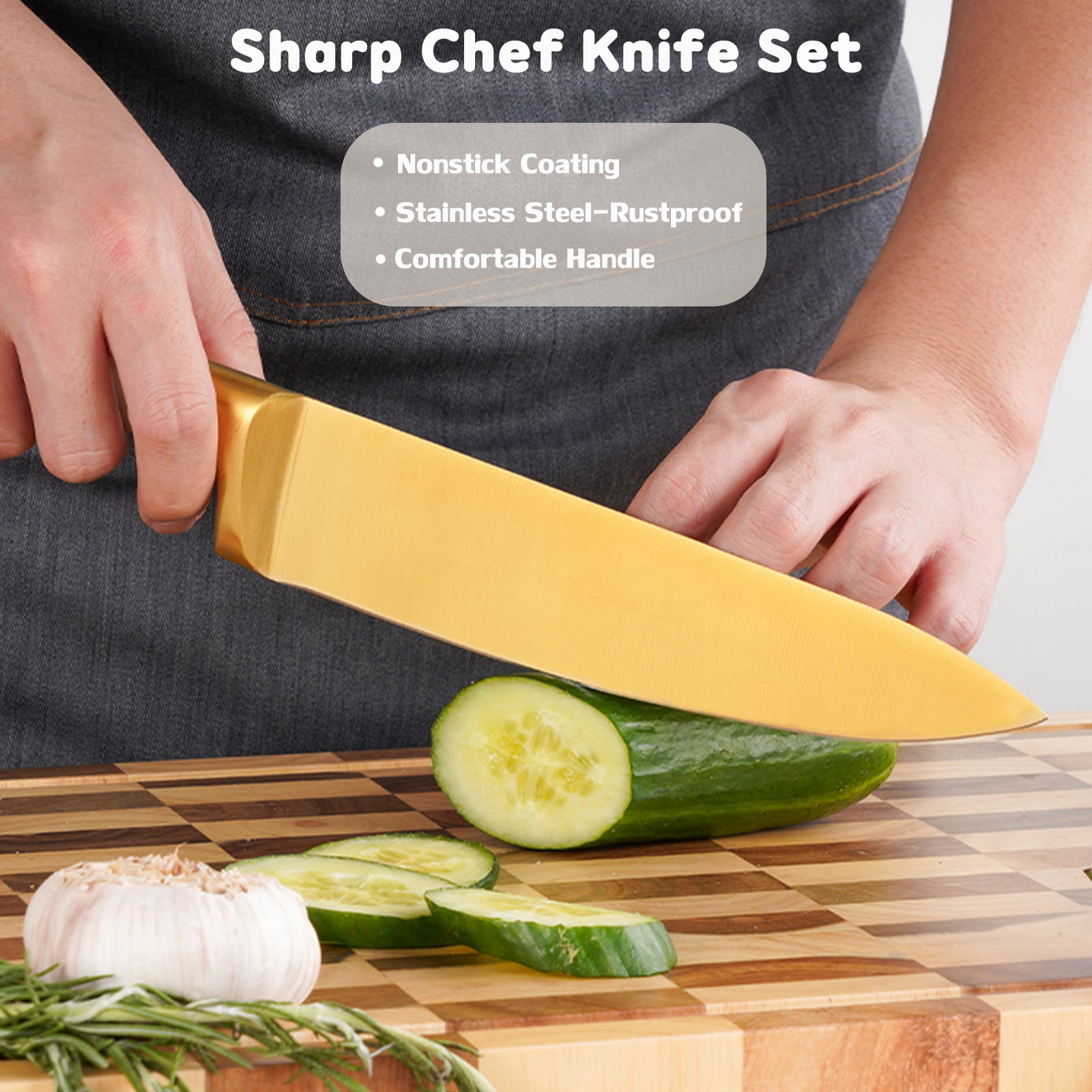 Kitchen Knife Set, 6-Pieces Golden Titanium Coated Knife Block Set with Wood Knife Block & Built-in Sharpener, Stainless Steel Sharp Chef Knife Set, Knives Set for Home Kitchen