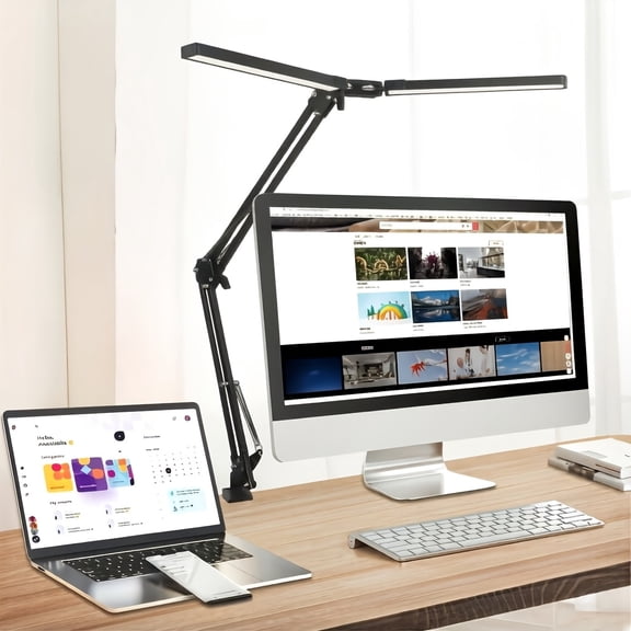 Charefin 2-in-1 LED Desk Lamp with A Clamp Mount, Flexible Arm Design, 3 Color Temperature Modes, Stepless Dimming, and Dual Lamp Heads—ideal for Home Offices, Workstations, and Reading.