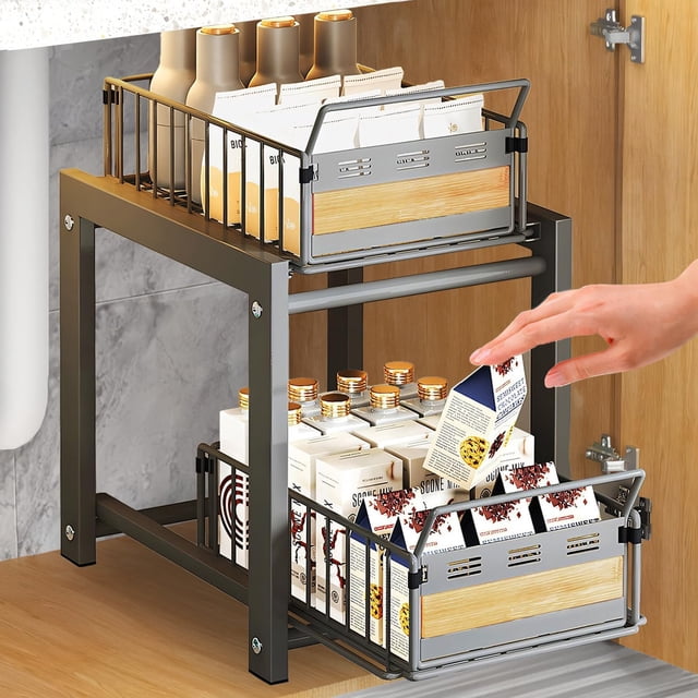 Organizador de Fregadero De 2 Niveles,Organizador de fregadero deslizante de 2 niveles,Estante de Almacenamiento Bajo el Fregadero de Acero Inoxidable,Para Fregaderos, Armarios,Cocinas o Baños