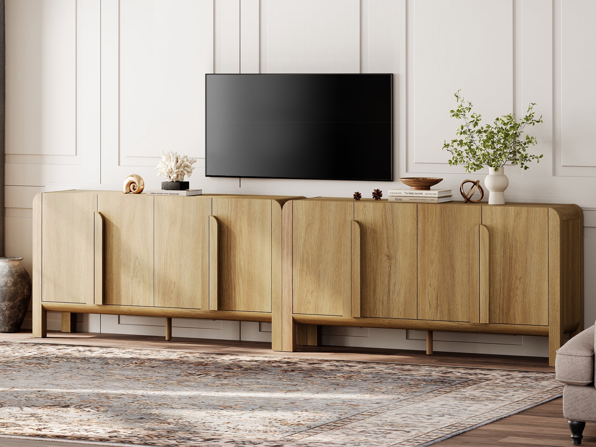 126" Accent Cabinet with 8 Doors and Adjustable Shelves, Modern Credenza Storage Cabinet with Curved Profile Design for Living Room, Kitchen, Dining Room, Hallway