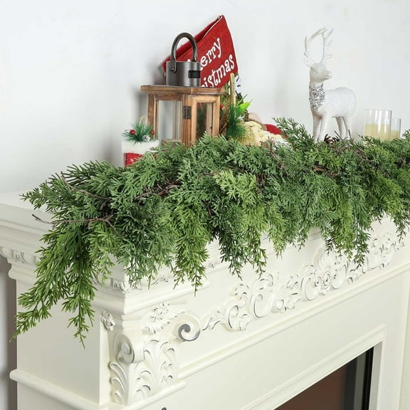 Artificial Cedar Garland, Green Faux Cedar Pine Needles Garland for Christmas Winter Home Mantel Fireplace Holiday Party Decor, Artificial Garland Table Mantle Wall Indoor Outdoor