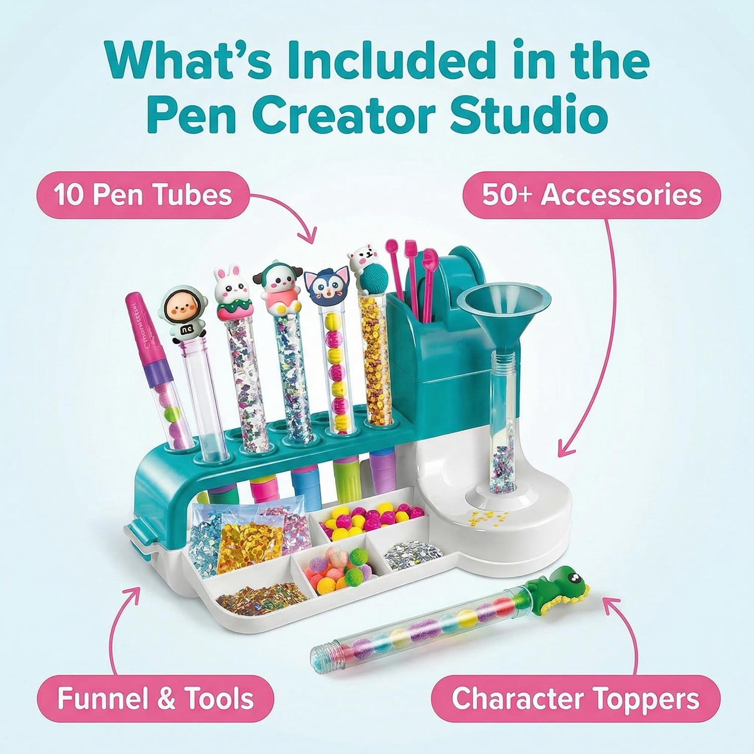 DIY Pen Making Kit with Pen Creator Studio, 50+ Accessories, Make 10 Sparkly Decorative Pens with Beads, Sequins and Charms, Craft Activity Gift Set