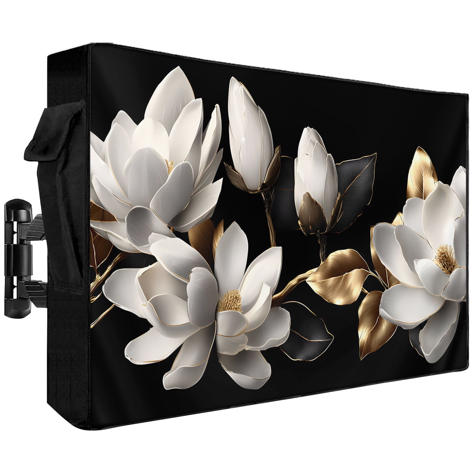 Waterproof Outdoor TV Cover 40 to 43 Inch, Elegant White Magnolias Floral Outside Flat Screen Televisions Weatherproof Cover Size 40"L x 25"H, Vintage Gold Leaves Flower TV Protector With Zipper