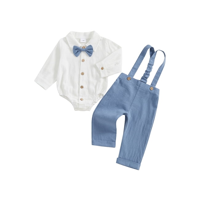 Conjunto de ropa de 2 piezas para bebé niño: pelele de manga larga con solapa y botones, pantalón con tirantes de color liso.