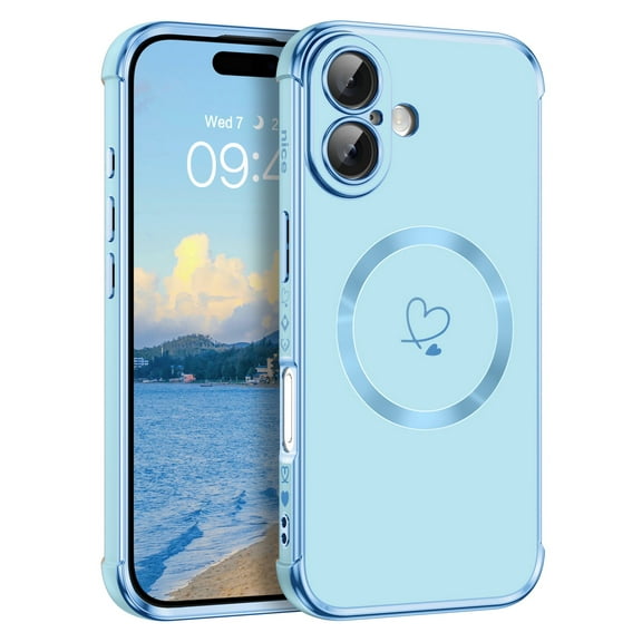 DOMAVER iPhone 16 Case (6.1 inch) - Magnetic MagSafe Compatible, Shockproof Camera Protection, Luxury Gold Plating, Cute Girly Heart Design for Women, Blue