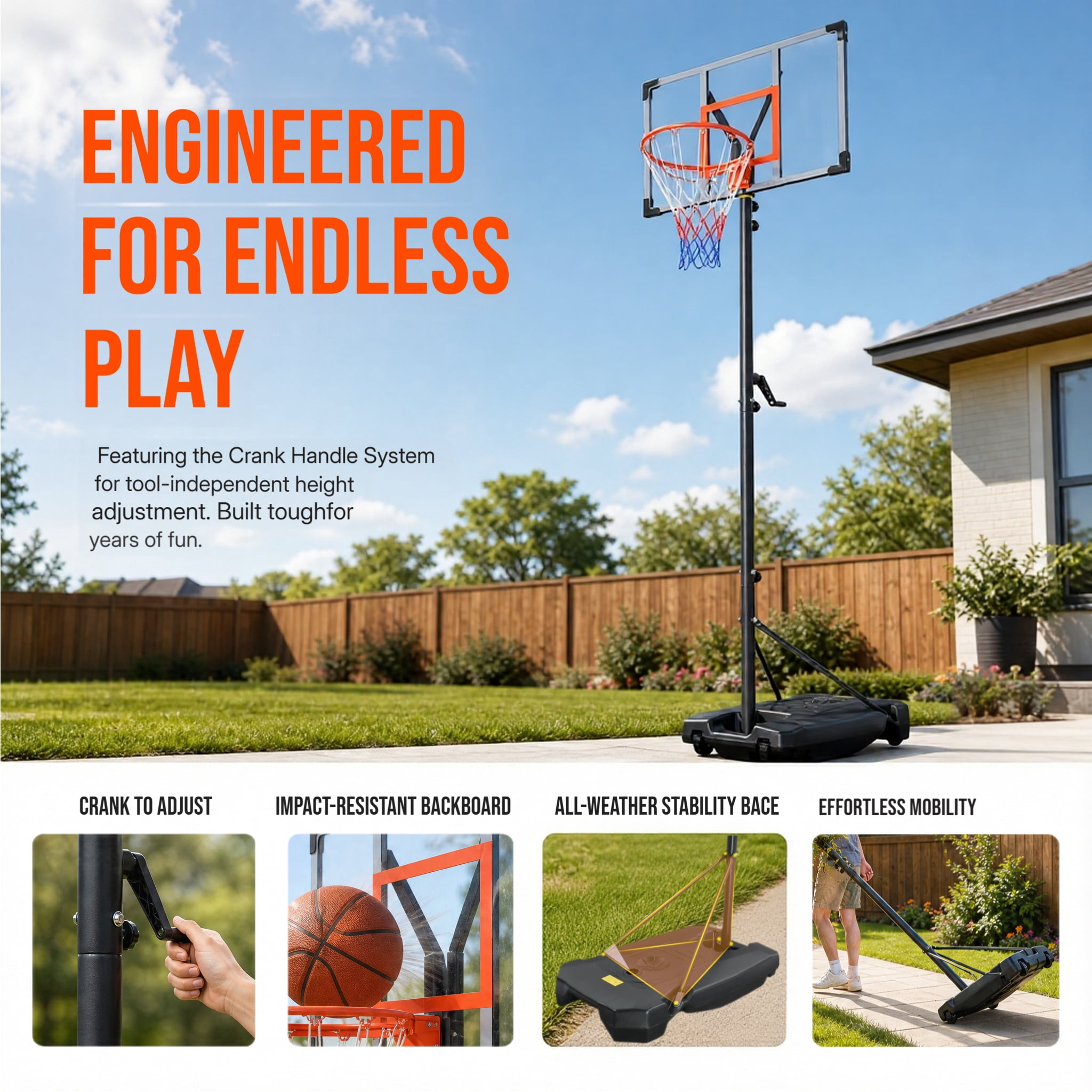 Ktaxon 33" Outdoor Portable Basketball Hoop, 5-8.5FT Height Adjustable Basketball Goal with Hand Crank for Youth Adults
