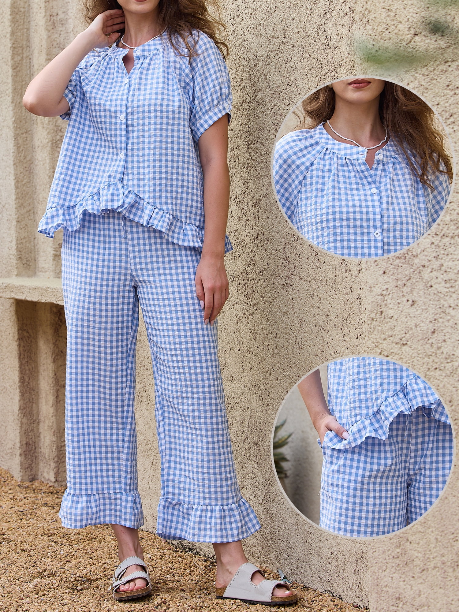 DARING DIVA Women's 2 Piece Pajamas Sets Gingham Short Sleeve Babydoll Shirt S Blue