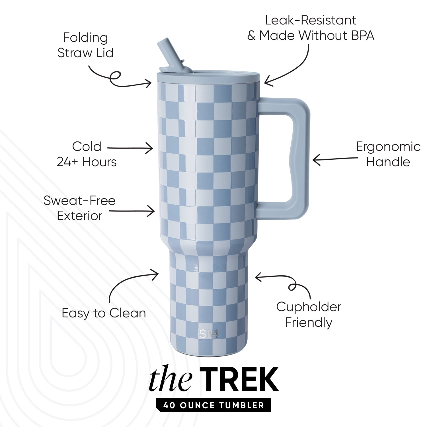 Simple Modern 40 fl oz Insulated Stainless Steel Trek Tumbler with Folding Straw Lid|Mystifying Blue Checkmate