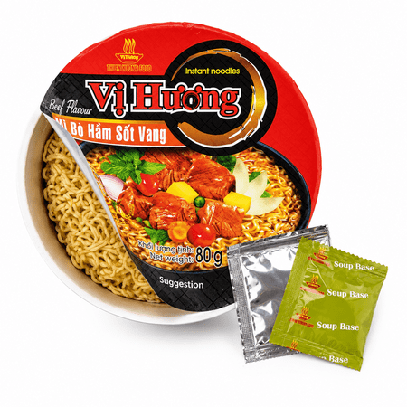 Vi Huong Instant Pho Noodle Soup Bowls - Authentic Vietnamese Rice Noodles, Gluten Free & Halal Certified - Quick Healthy Meal Ready in 4 Minutes Braised Beef Red Wine 6 packs