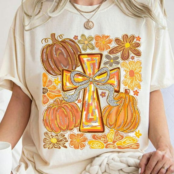 Boho Floral Pumpkin Cross Fall T-shirt, Fall Cross Bow T-shirt, Christian Fall T-shirt, Preppy Autumn T-shirt, Jesus T-shirt, Bible Verse T-shirt, Autumn Vibes T-shirt.