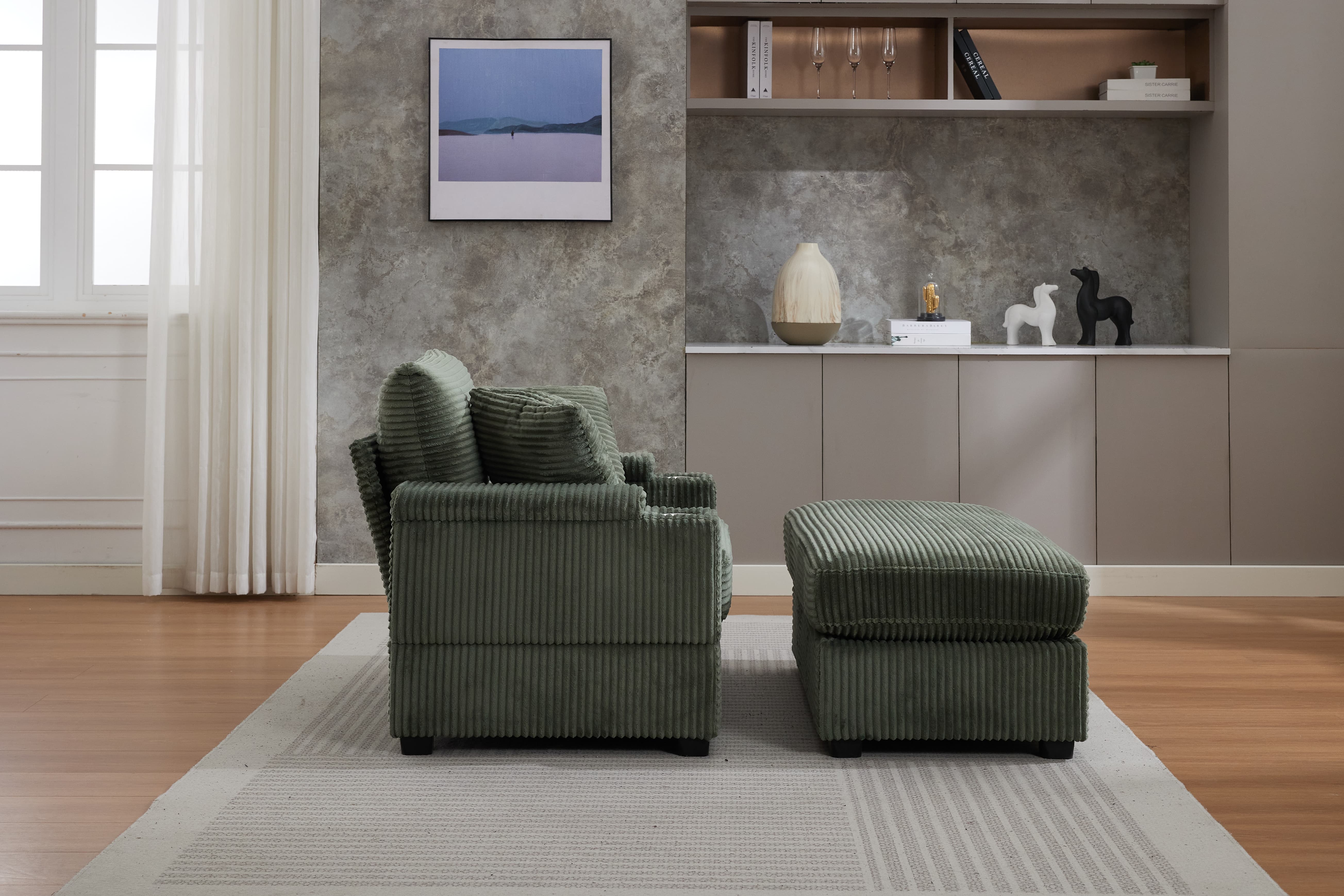 Chaise Lounge Chair Indoor Furniture, Corduroy Upholstered Chaise Lounge Sofa, Deep Seat Sofa with Handrail storage and Cupholders, Movable ottoman, Detachable Cushions for Living Room Bedroom,Green
