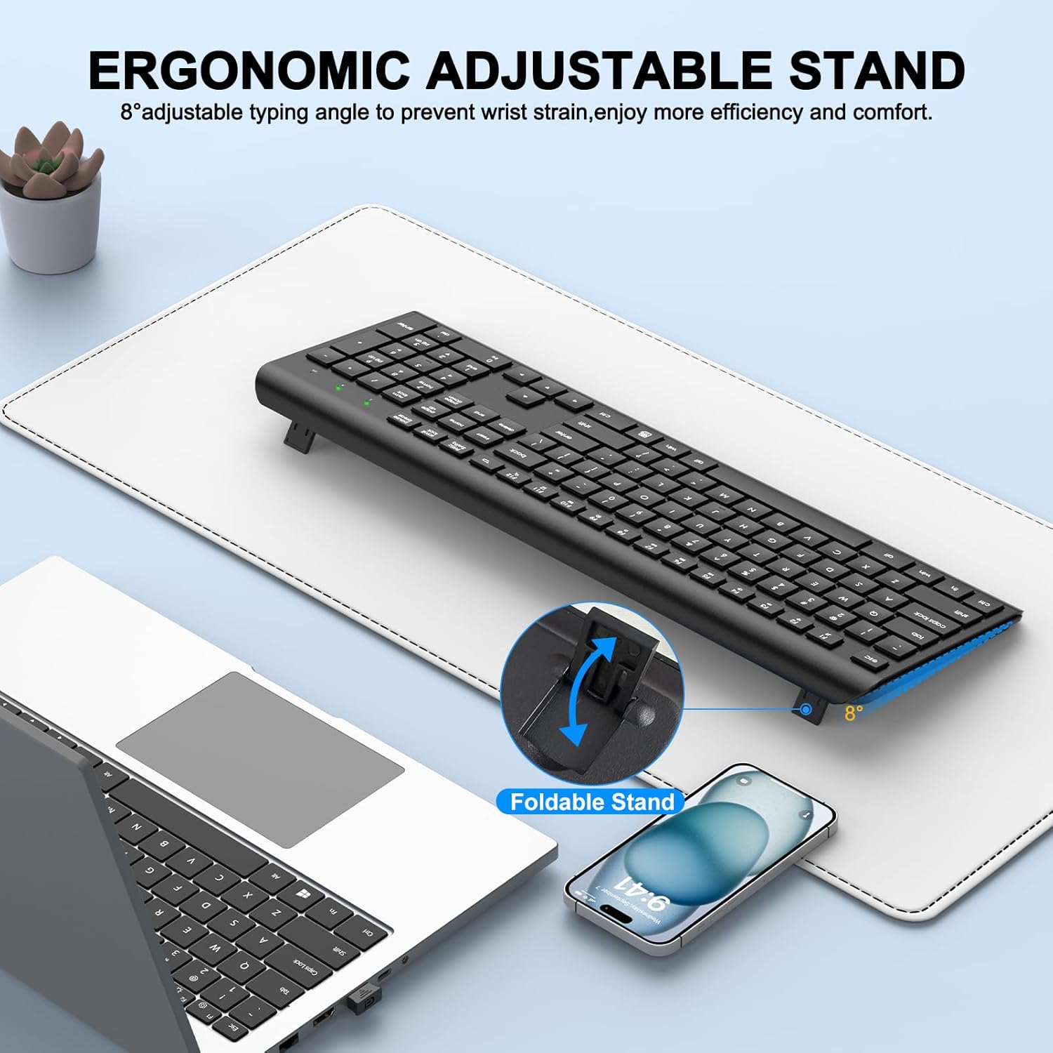 Wireless Keyboard, 2.4G Full-Sized Cordless USB Silent Computer Keyboard, Ergonomic Tilt Angle, Sleep Mode, Long Battery Life, for Windows, Mac OS Laptop/PC/Desktop/Notebook