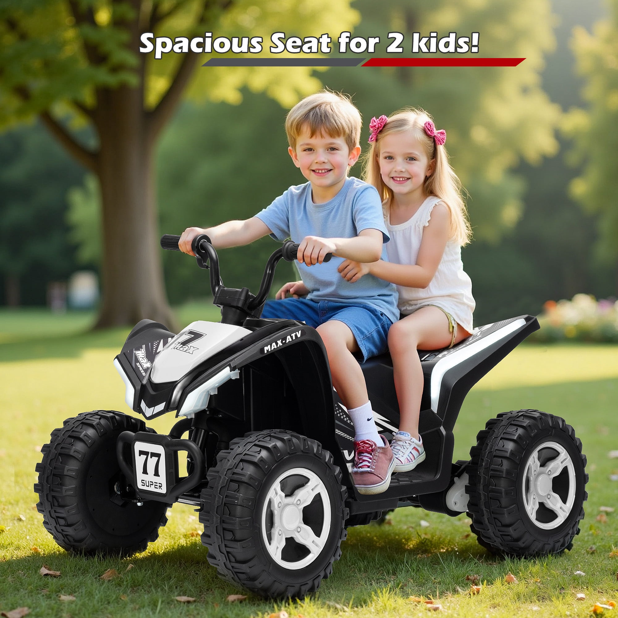 Letsgokid Kids ATV 4 Wheeler, 24V 2 Seater Electric ATV Ride On Toy for Big Kids with 110lb Weight Capacity, 200W Motor, 3.7Mph Max Speed, Spring Suspension, LED Lights, Music