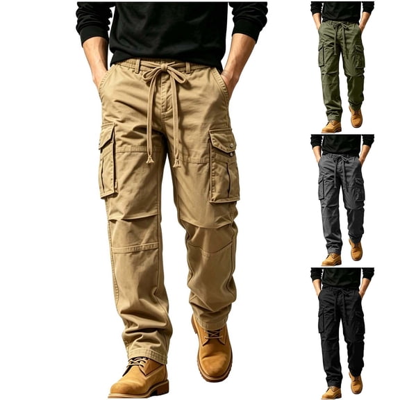 YABCSAZ Mens Fleece Lined Cargo Pants Thick Warm Winter Work Pants Multi Pocket Drawstring Elastic Waist Straight Leg Outdoor Hiking Joggers Trousers