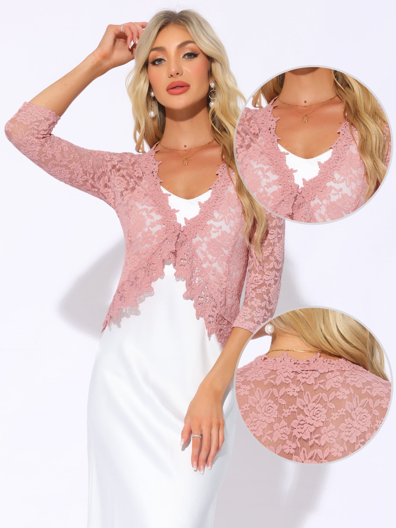 DARING DIVA Women's Floral Lace Shrugs Evening 3/4 Sleeves Formal Bolero Cardigan XS Pink