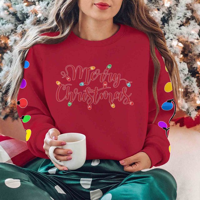 Fankiway Chandails à Manches Longues pour Femmes Chandails de Noël Vintage Imprimés à Col Rond Décontractés Sportifs à Manches Longues en Molleton Hauts Rouge P