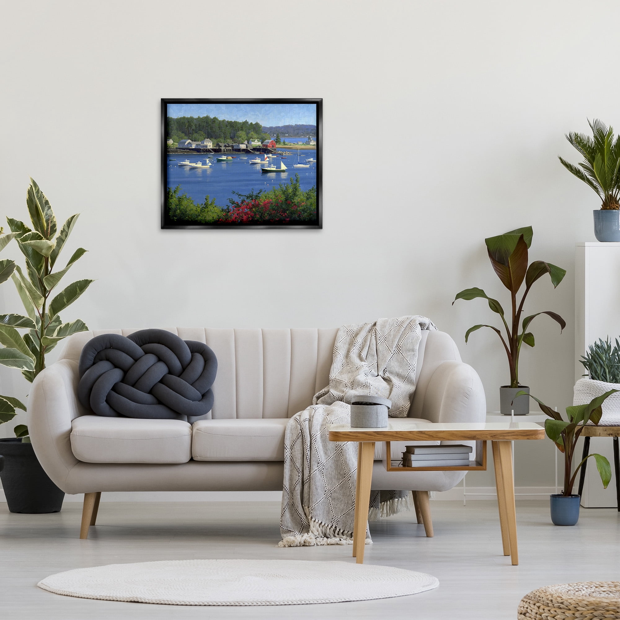 Stupell Industries Summer Harbor Inlet Landscape Painting Black Floater Framed Canvas Art Print Wall Art, 31 x 25