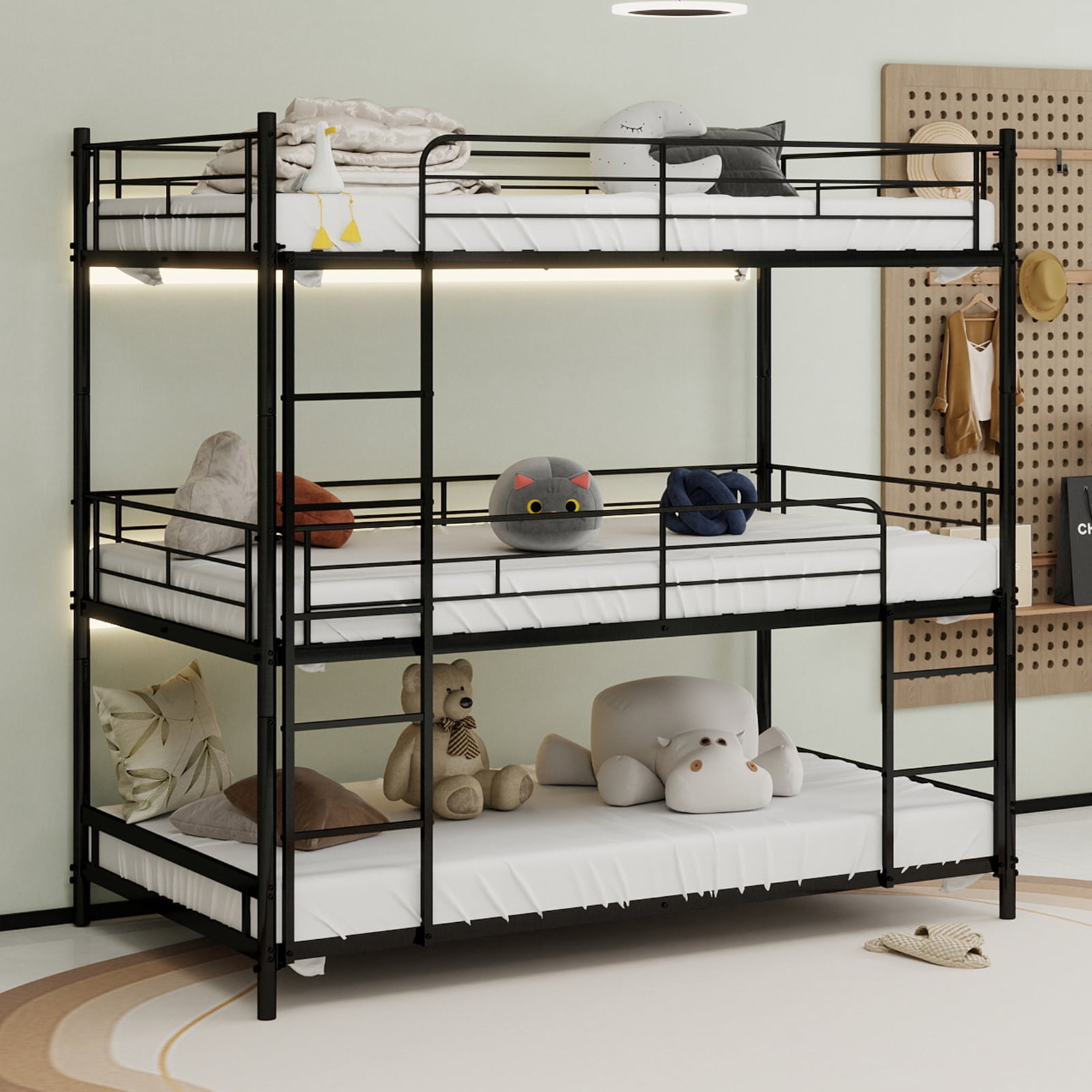 Alvantor Triple Bunk Bed for Kids Teens, Metal Twin Over Twin Over Twin Bed Framewith Ladders and Safety Guardrails Black