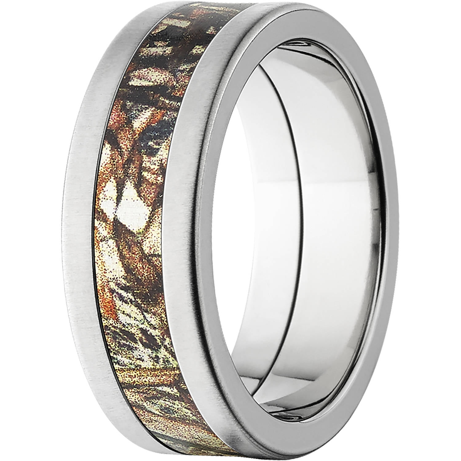 Duckblind Men's Camo 8mm Stainless Steel Wedding Band with Cross Brushed Edges and Deluxe Comfort Fit