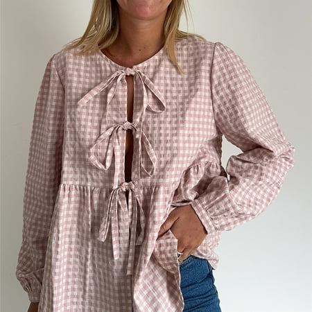 Women Puff Sleeve Peplum Shirt Tie Front Ruffle Hem Babydoll Blouse Y2k Cute Lace Up Gingham Summer Streetwear