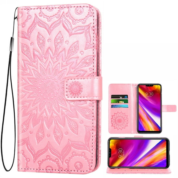 Case for LG G7, PU Leather with Kickstand and 3 Card Slot Flip Wallet Phone Cover (Rose Gold)