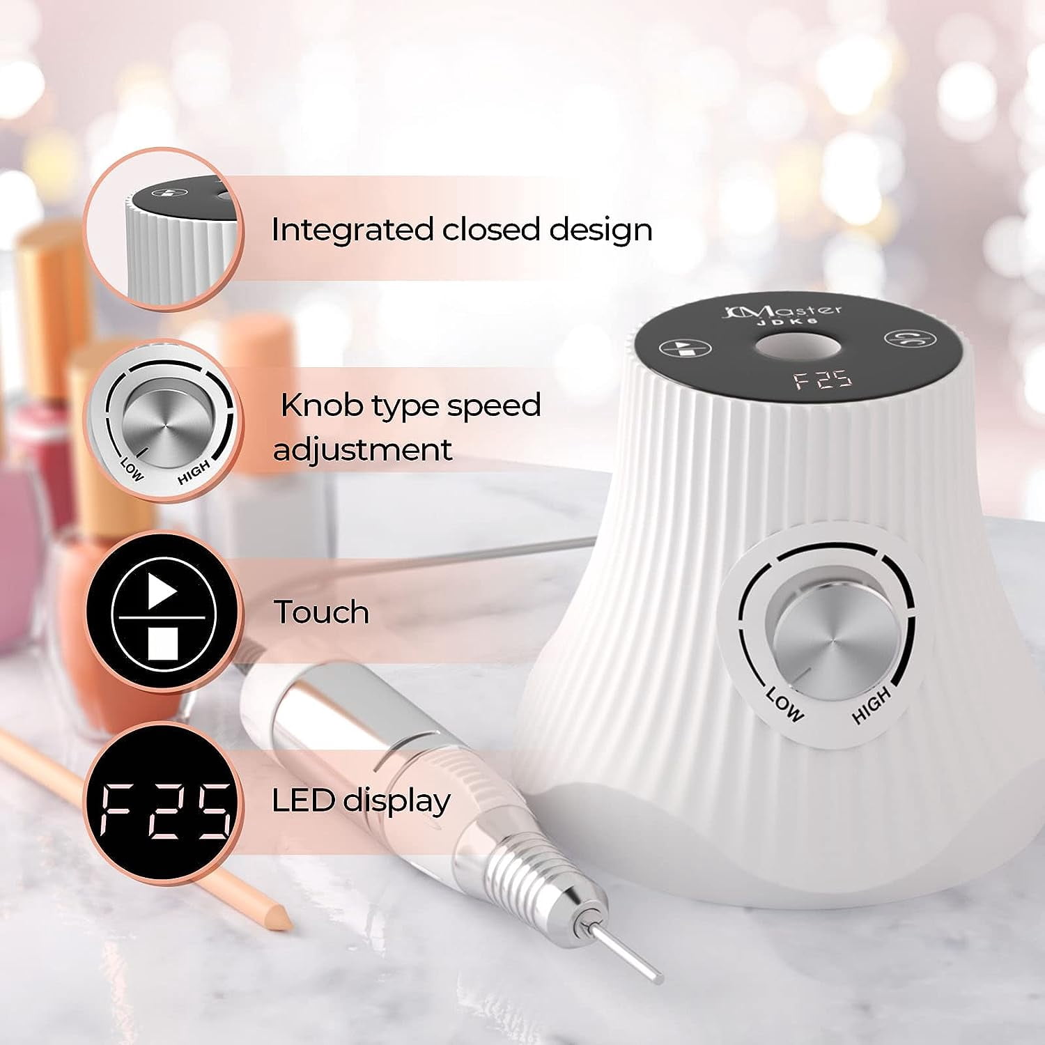 JSDA Nail Cutter for Gel Nails 30,000 rpm, Cutter for Gel Nails Acrylic Nails Including 4 x Bits for Beginners, LED Display Manicure Pedicure Set for Nail Studio