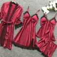 thumbnail image 4 of Puntoco Women's 4 Piece Sleepwear Floral Satin Cami Pajama Set Silk Nightgown with Robe Red XXXXXL, 4 of 5