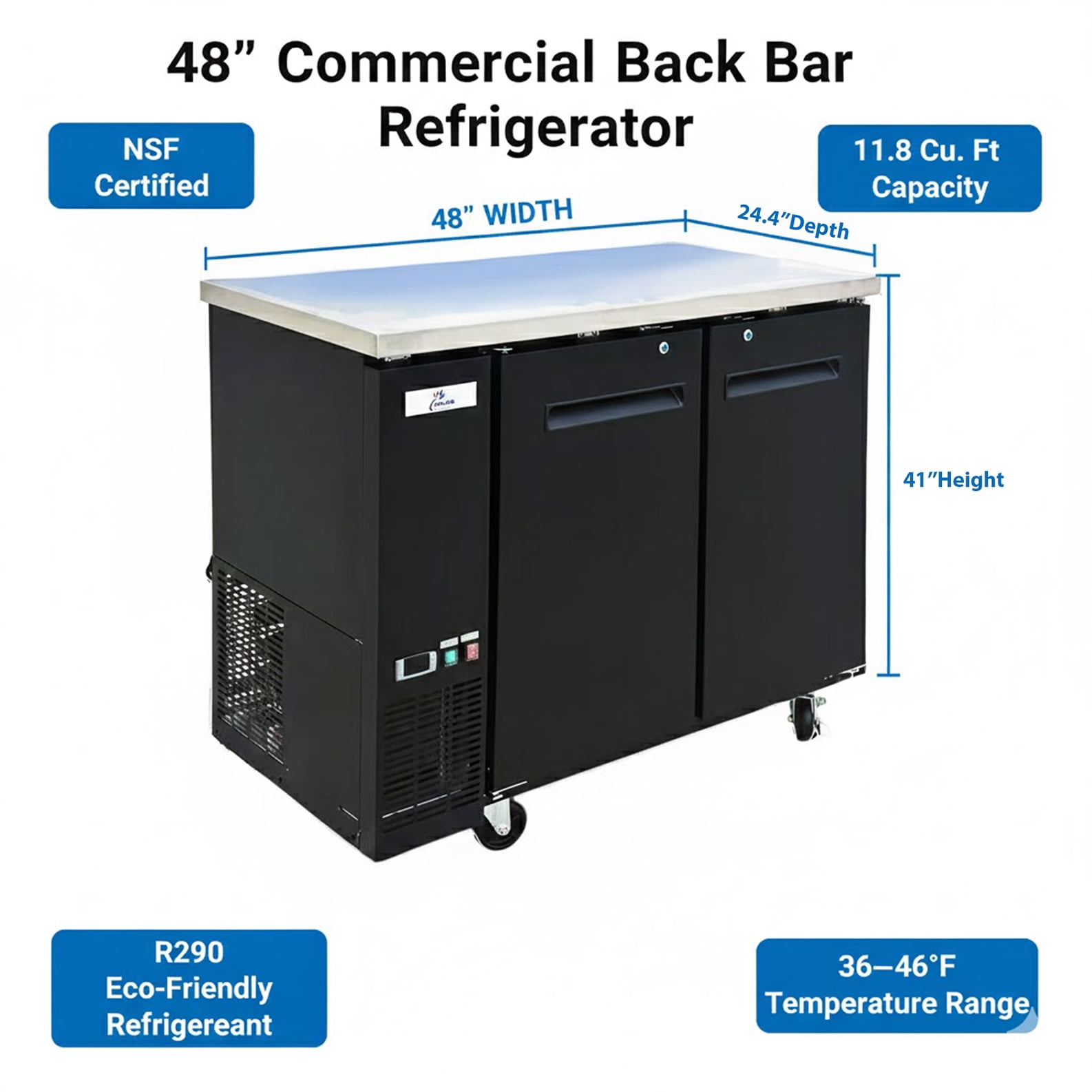 48" Commercial Back Bar Cooler – NSF Certified Beer Case Refrigerator with Solid Doors, R290, 11.8 Cu.Ft