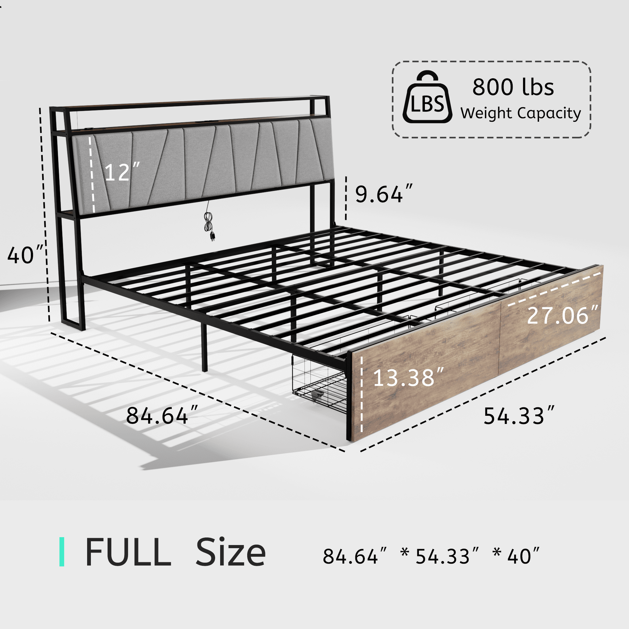Full Bed Frame with Storage Headboard,Full Size Platform Bed Frame with Ergonomic Headboard,2 Storage Drawers, Built in Charging Station & LED, Outlets & USB,