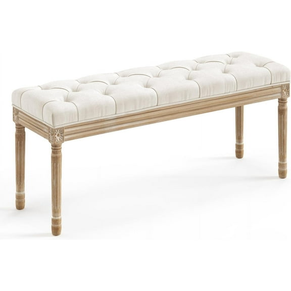 LUE BONA 44" Bedroom Bench, Fabric End of Bed Bench, Upholstered French Tufted Ottoman Bench with Carved Wood Legs for Bedroom End of Double Full Queen Size Bed, Living Room, Beige