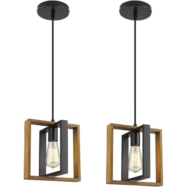 Black Pendant Lighting Modern Pendant Light, Adjustable Pendant Light Fixture,Pendant Lights Kitchen IslandLight (2 Packs Wood+Metal Pendant Light)