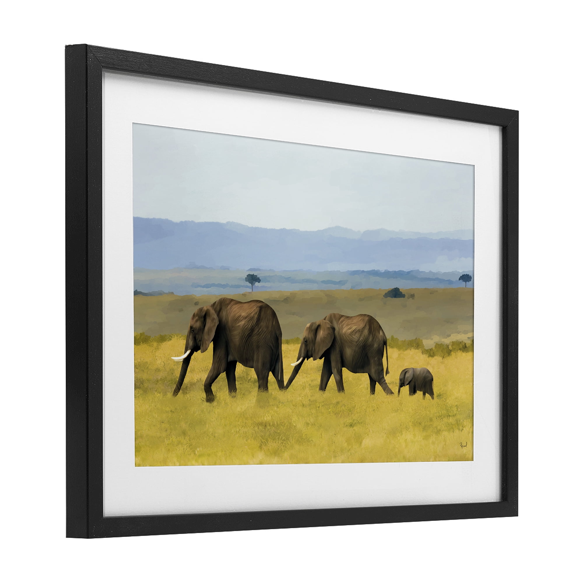 Stupell Industries Elephants In The Grassland Black Framed Print Under Glass, design by Renel Peters