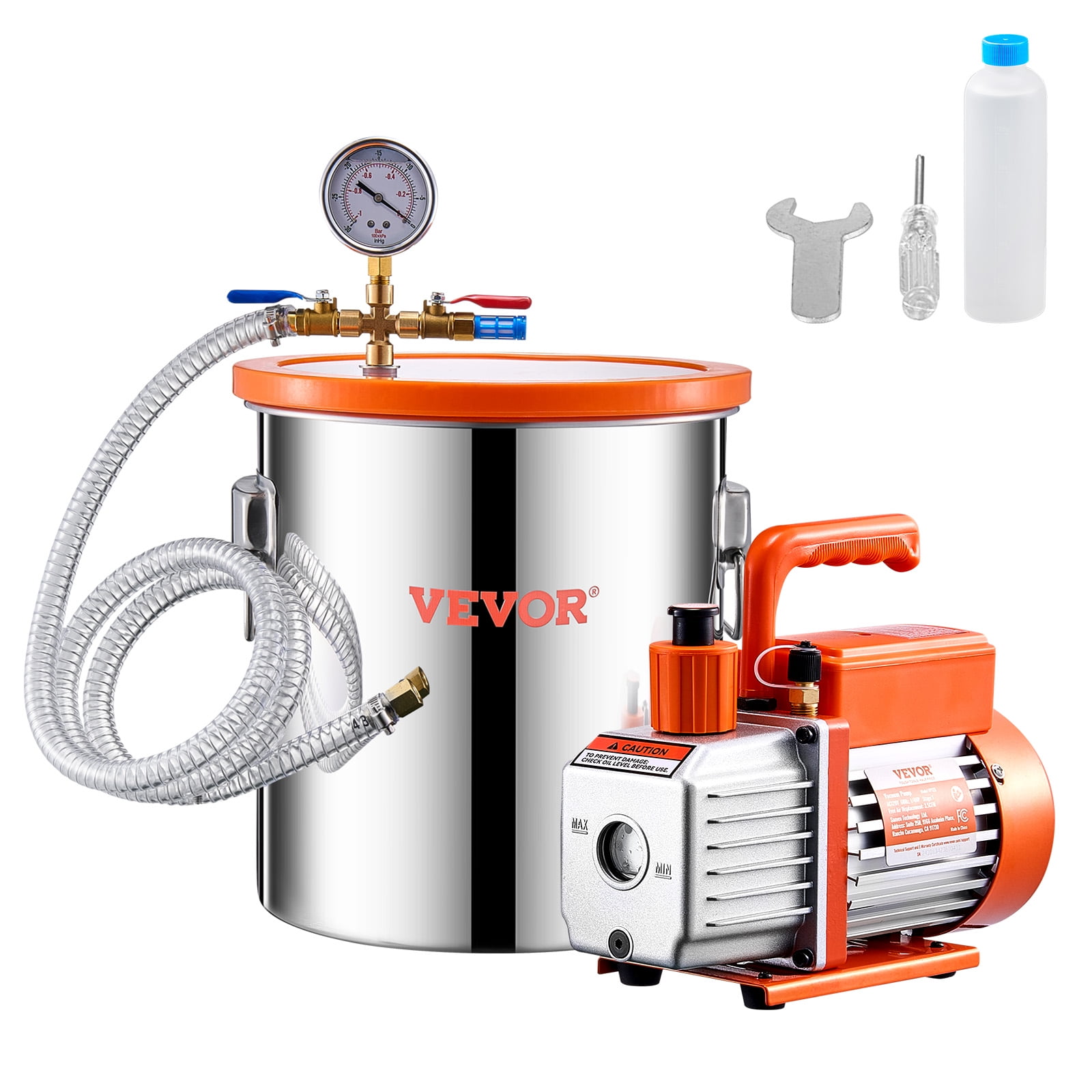 VEVOR 5 Gal Vacuum Chamber and 3.5 CFM Pump Kit, Stainless Steel Chamber, Single Stage Vacuum Pump Degassing Chamber Kit, with Acrylic Lid, Oil, 4.92 ft Hose, for Degassing Resin Silicone Epoxies